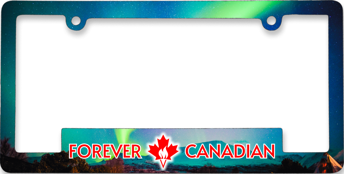 Aurora Borealis licence plate frame with the northern lights across a night sky, by Forever Canadian