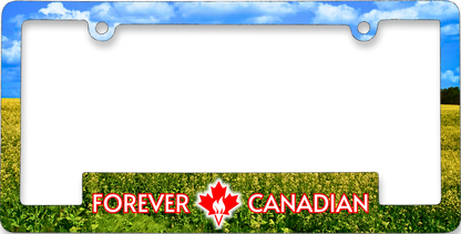 Canola Field & Prairie Sky licence plate frame with golden Alberta canola fields under a blue prairie sky, by Forever Canadian