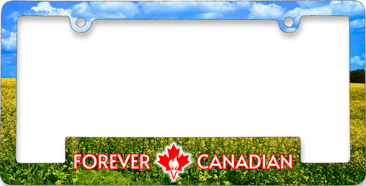 Canola Field & Prairie Sky licence plate frame with golden Alberta canola fields under a blue prairie sky, by Forever Canadian