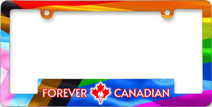 Pride licence plate frame in Progress Pride flag colours with the Forever Canadian logo