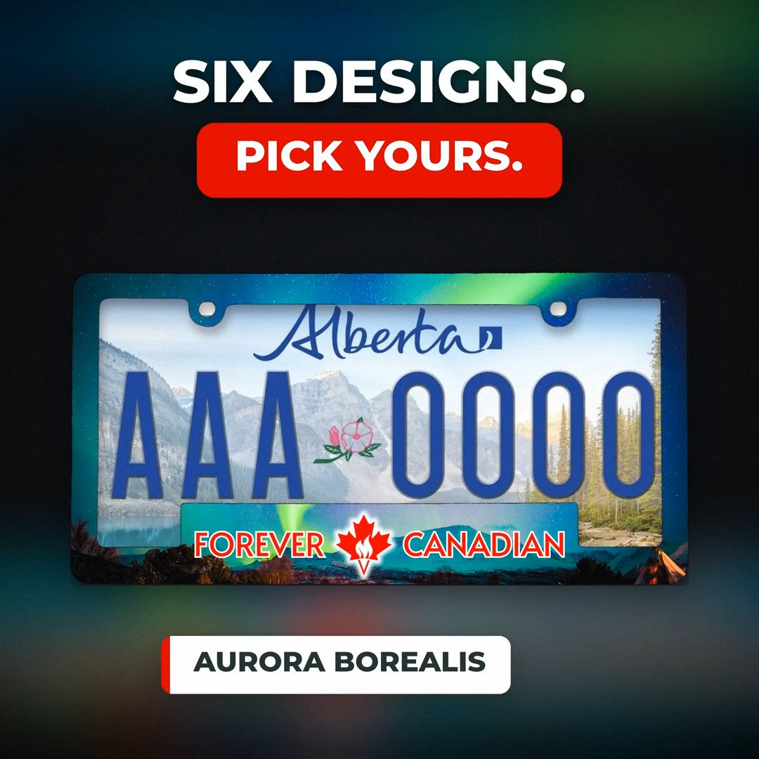Aurora Borealis Forever Canadian licence plate frame on an Alberta plate