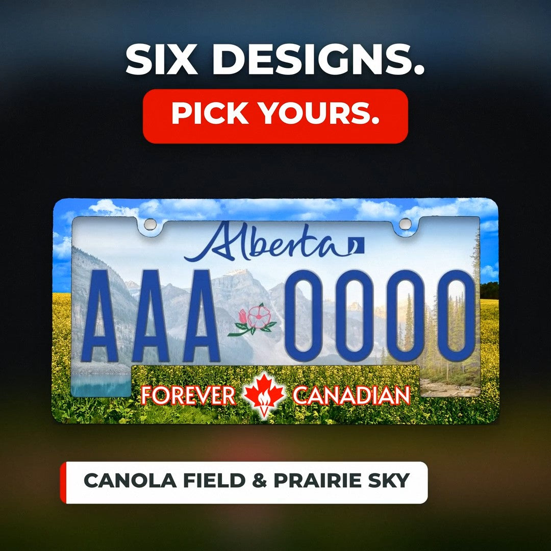 Canola Field & Prairie Sky Forever Canadian licence plate frame on an Alberta plate