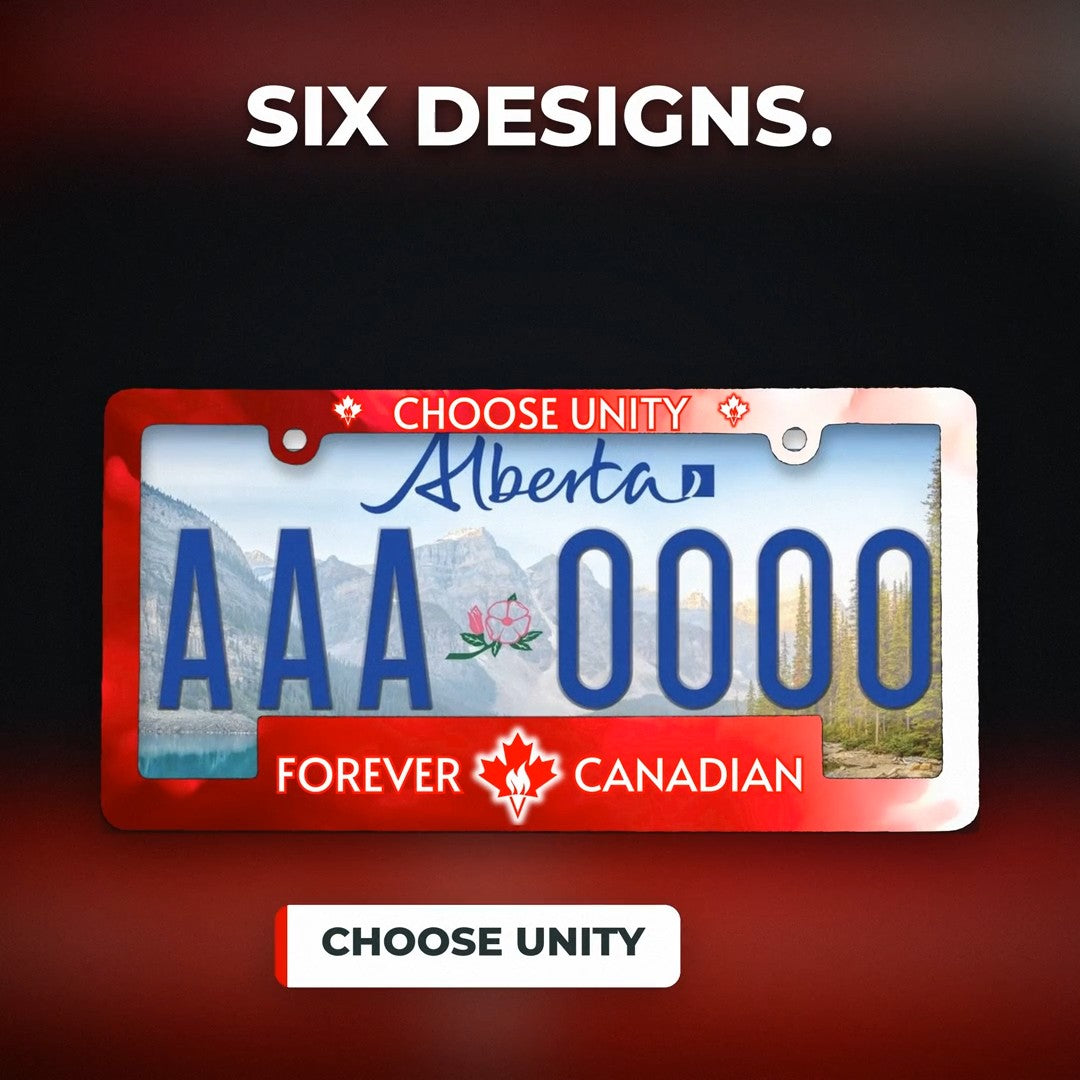 Choose Unity Forever Canadian licence plate frame on an Alberta plate