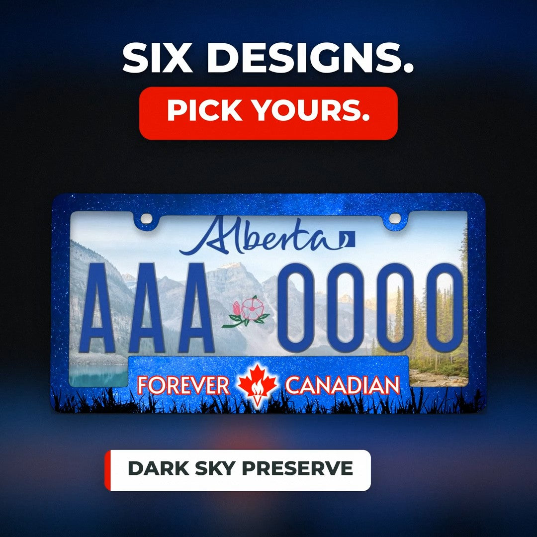 Dark Sky Preserve Forever Canadian licence plate frame on an Alberta plate