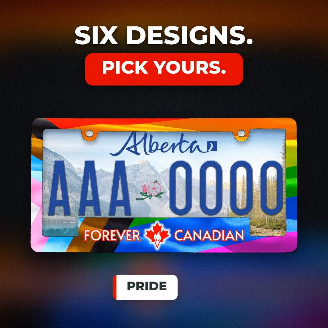 Pride Forever Canadian licence plate frame on an Alberta plate