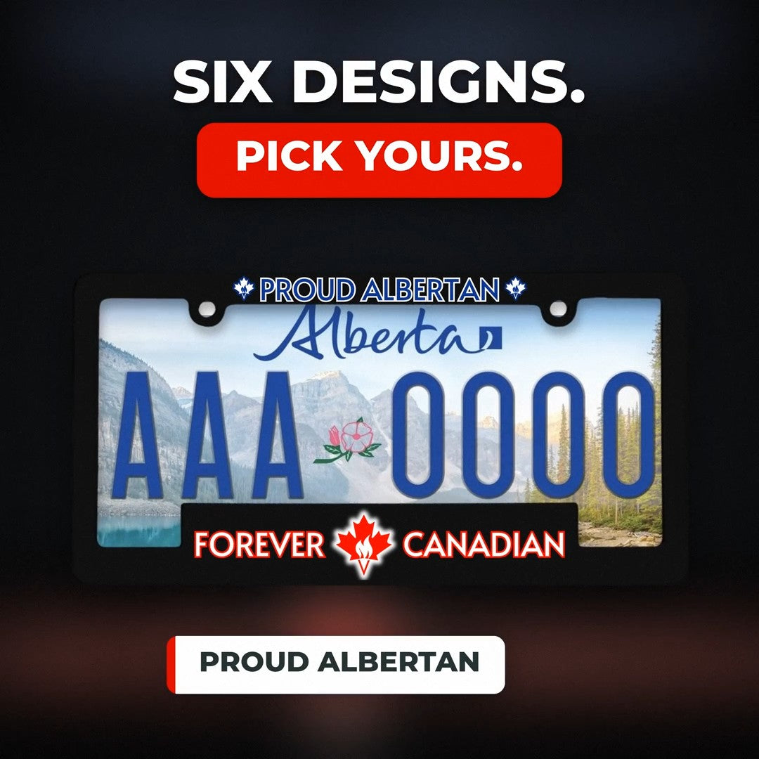 Proud Albertan Forever Canadian licence plate frame on an Alberta plate